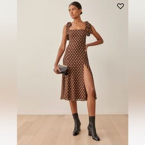 Reformation Twilight Polka Dot-Print Midi Dress in Au Lait (Coffee Brown)
